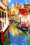 Gondola Touirists Colorful Small Side Canal Bridge Venice Italy