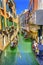 Gondola Touirists Colorful Small Side Canal Bridge Venice Italy