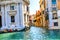 Gondola Touirists Colorful Small Side Canal Bridge Venice Italy