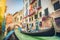 Gondolas on canal in Venice, Italy with retro vintage Instagram