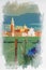 Gondolas and Church of San Giorgio Maggiore, Venice, watercolor painting