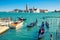 Gondolas float near San Marco Square in Venice, Italy