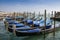 Gondolas moored in front of Saint Mark square