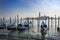 Gondolas moored in front of Saint Mark square