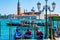 Gondolas service station Venice lagoon view Italy