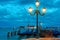 Gondolas at twilight in Venice lagoon, Italia