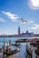 Gondolier against San Giorgio island in Venice, Italy