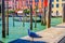 Gondolier and tourists on gondola traditional boat sailing on water of Grand Canal in Venice