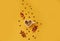 Good autumn morning wishes: heart shaped coffee mug, colorful autumn leaves, coffee beans on yellow background, top view, space