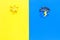 Good and bad weather concept. Template for forecast. Sun vs cloud and lightening with rain on yellow and blue background