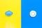 Good and bad weather concept. Template for forecast. Sun vs rainy cloud on yellow and blue background top view copy