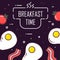 Good breakfast banner with omelette, bacon and tomato. Thin line flat design. Vector background