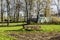 A good crop is stored near the barn among the trees.