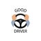 Good driver sign. Diver design element with hands holding steering wheel. Vector icon.