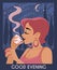 Good evening poster with a young woman drinks coffee and eat macaron