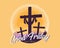 Good friday, holy week text and crucifix on Grass hill in circle yellow sunset vector design