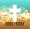 Good friday. He is risen background with clouds, divine sunlight , crucifixion, white cross and sun rise. Vector