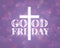 Good friday with white text and white cross crucifix sign with light on abstract bokeh purple texture background vector design