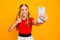 Good job. Photo of pretty small lady holding telephone making selfies raising thumb finger up for blog wear casual red