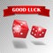 Good luck banner with realistic casino dice on transparent background. Realistic dice and good luck text ribbon. Web