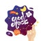 Good luck poster with space view in cartoon style, vector illustration. Typographic banner with stars, planet, moon and