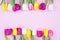 Good march mood concept. Top above high angle close up view photo of beautiful tulips arranged in two rows with blank space in