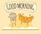 Good Morning Banner, Coffee with Croissant Icon. Cute Character, Food Concept Label. Cartoon Vector Illustration