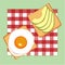 Good morning.breakfast vector collection: toasts bread, avocado, egg on the checkered tablecloth, cute food icons in