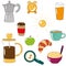 Good morning and breakfast vector illustrations. Icons for web site, design. Coffee, sun, cup, juice style sketch