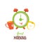 Good morning cartoon poster with cute tea cup, apple and clock. Vector flat design.