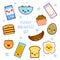 Good morning. Funny characters breakfast collection toasts bread, milk, fried egg. Set of cute food and drink icons in