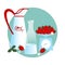 Good morning vector illustration. Strawberries on a mechanical scale, a vintage jug and a bottle of milk.