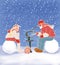 Good New Year spirit. Santa Claus and a girl are examining Christmas snowflakes through a microscope. Humorous illustration