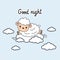 Good night card with little sheep jump on the clouds. Vector illustration