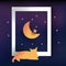 Good night card, paper moon, cat see moon,paper cut style