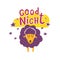 Good night. Caricature sheep with lettering, stars, cloud. Colorful flat vector illustration. Hand drawing for children.