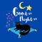 Good night cute smile black cat with moon and cute star. Sketch funny style for card, cover, banner, t shirt.