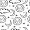 Good night doodle pattern. Time to go to bed. Seamless background with sleeping month and sun, clouds and stars. Black