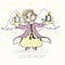 Good night postcard. Angel with flame candles stars violet yellow hand drawn banner cute cartoon