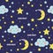 Good Night seamless pattern with cute sleeping moon, stars and clouds. Sweet dreams background. Vector illustration.