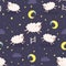 Good night seamless pattern with sheeps jumping over a fence