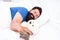 Good night. Sleep well. Sweet dreams. Bearded hipster play toy. Valentines day gift. Man sleep hug soft toy relaxing in