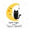 Good night and sweet dreams black cat and half moon smile cartoon vector illustration doodle style