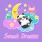 Good night and sweet dreams card with sleeping owls, cute panda bear, clouds, moon and stars. Vector illustration. Eps