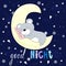 Good night vector card with bear sleep on the moon