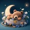 good night world , beautiful small bear sleeping in the basket full of purple color flowers