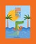 Good things come to those who swim poster vector illustration. Crocodile swimming in water in rubber ring in form of