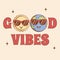 Good Vibes card in trendy groovy style. Funny sticker earth planet and sun character and mascot. Vector art