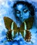 Goodnes woman and color butterfly, mixed medium, abstract color background.