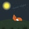 Goodnight card sleeping red fox under the moon and star